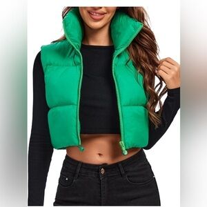 Women's Padded Vest High Stand Collar Lightweight Zip Crop Puffer Gilet Green S